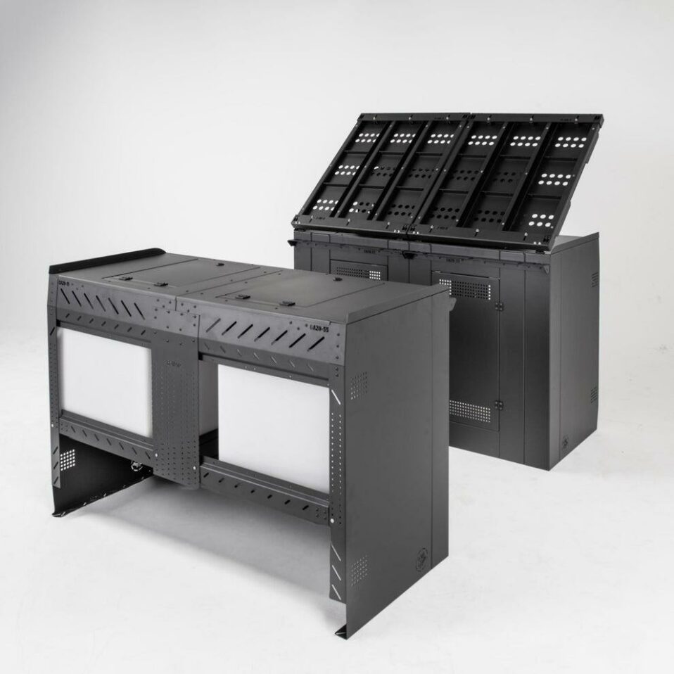 Structure Moon Bed anthracite en aluminium avec plateforme centrale partiellement relevée.