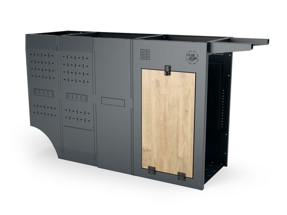 Meuble Moon Kitchen anthracite sans plan de travail, avec structure aluminium et compartiments ouverts.